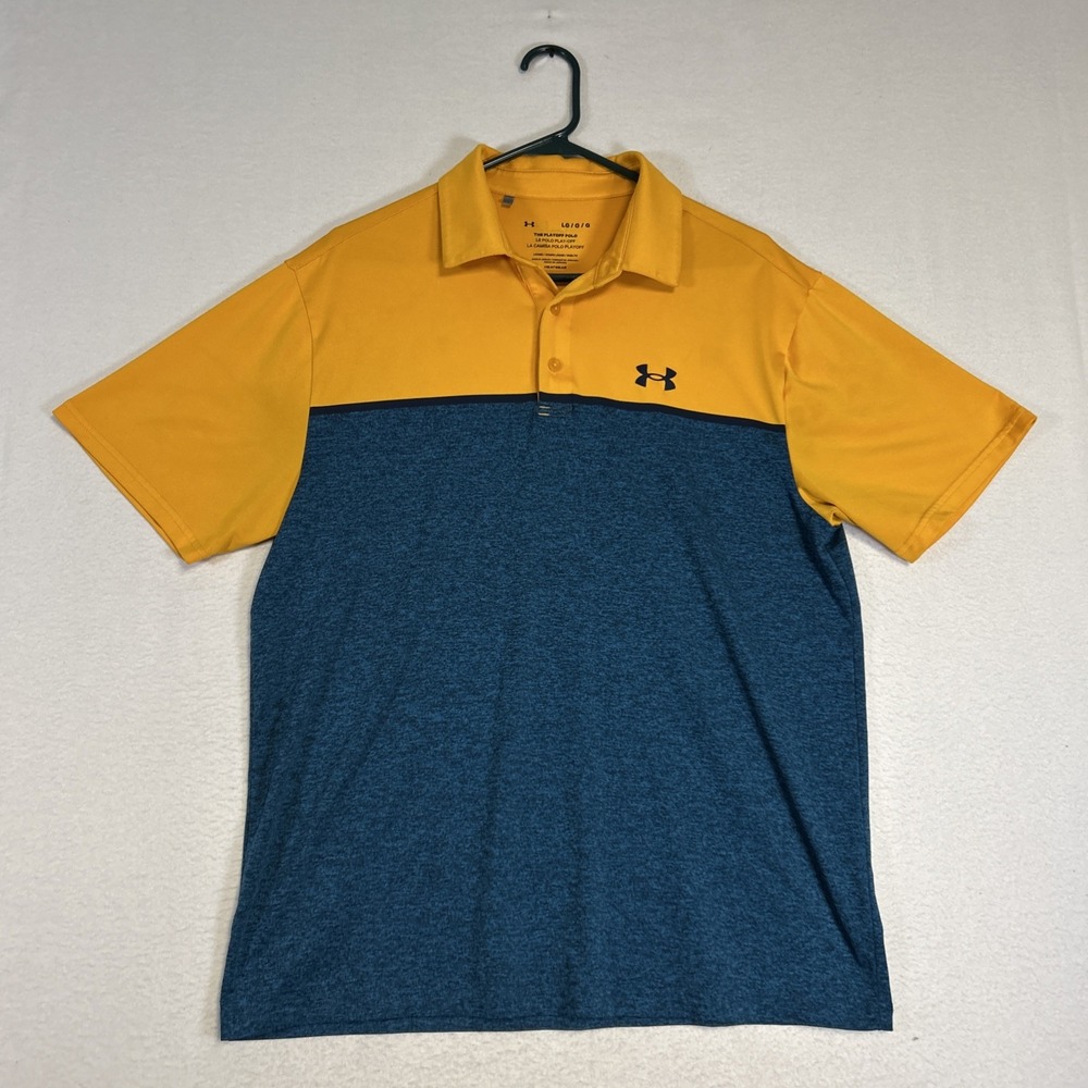 Under Armour Golf Playoff Polo Shirt Mens Large Blue Yellow Colorblock HeatGear